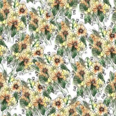 Beyaz arka planda suluboya bahçe çiçekleri. Hediye ambalaj kağıdı, duvar kağıdı ve tekstil için kusursuz desen.