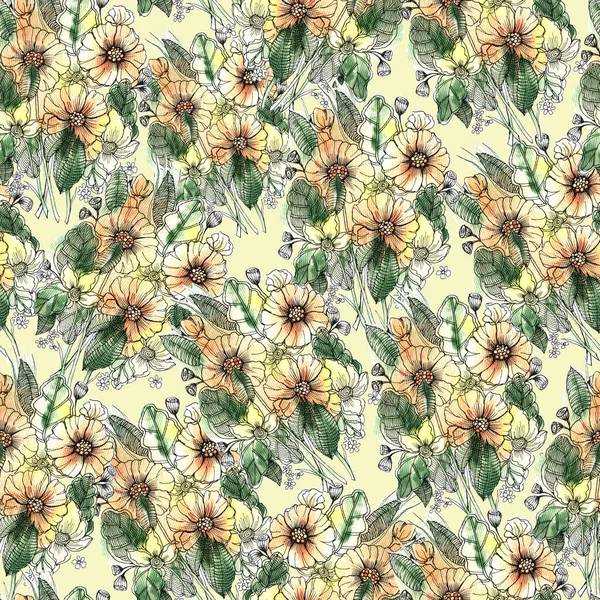Set Watercolor Garden Orange Flowers Cream Background Seamless Pattern Gift — Stock Photo, Image
