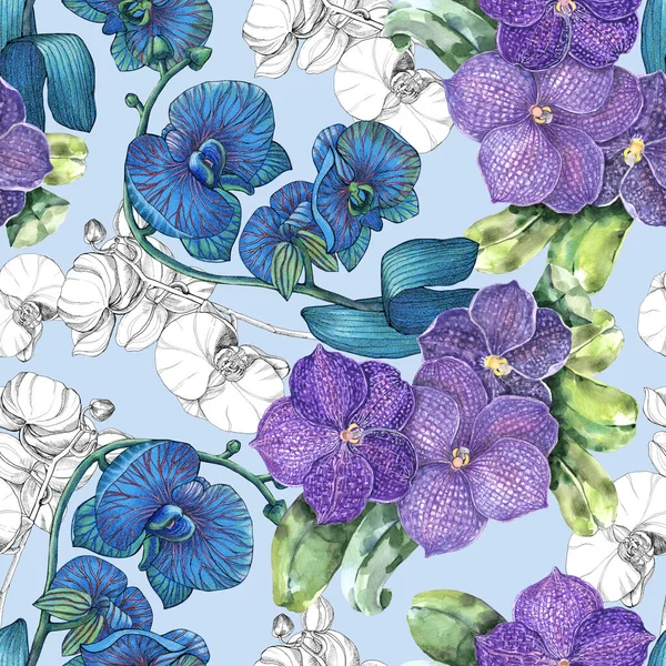 Ensemble Fleurs Exotiques Aquarelle Orchidée Sur Fond Bleu Motif Sans — Photo