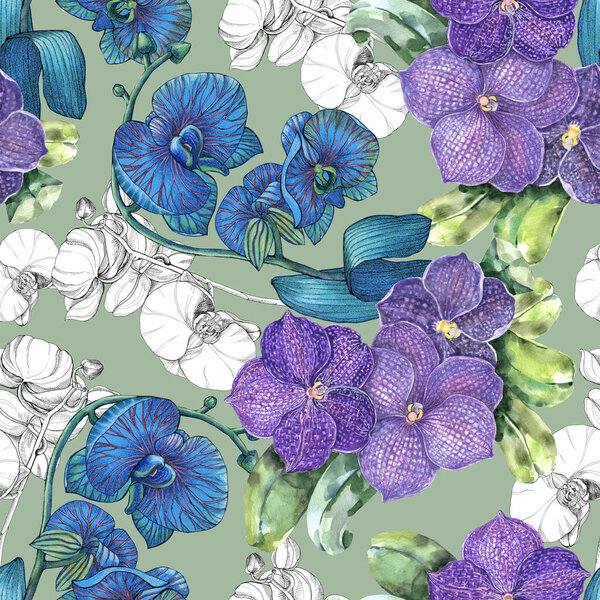 Set of watercolor exotic flowers orchid  on green background. Seamless pattern for gift wrapping paper, wallpapers and textiles.