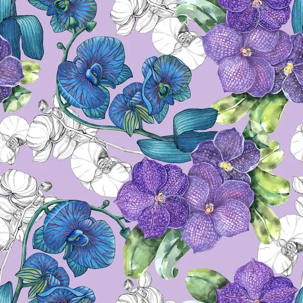Ensemble Fleurs Exotiques Aquarelle Orchidée Sur Fond Violet Motif Sans — Photo