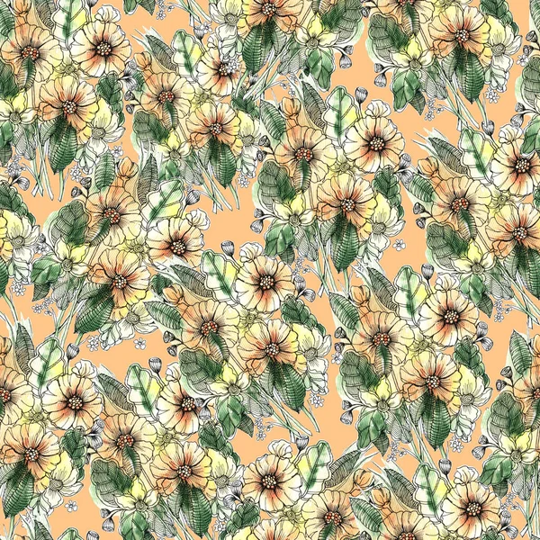 Set Von Aquarell Gartenblumen Auf Orangefarbenem Hintergrund Nahtloses Muster Für — Stockfoto