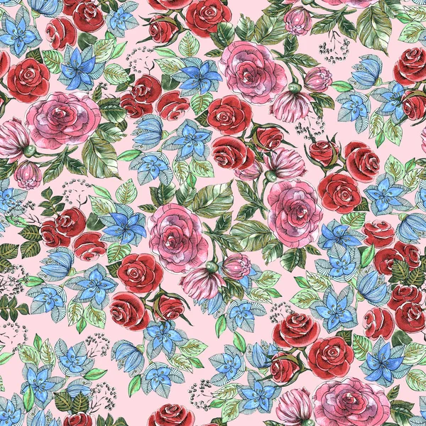 水彩の庭の花のセットピンクの背景に上昇した ギフト包装紙 織物のためのシームレスなパターン — ストック写真