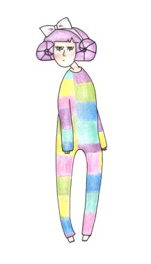 Pijamalı küçük bir kızın çizimi. El yapımı resimleme.