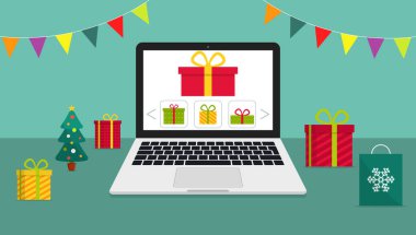 İnternetten yılbaşı alışverişi. Eshop 'ta Xmas hediyesi. Bilgisayarda noel indirimi olan bir mağaza. Ofisten ya da karantinadaki evden tatil için internetten hediye al. Vektör.