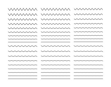 Zigzag dalgası. Dalgalı çizgi. Zigzag dalgalansın. Eğri ve kıvrık çizgi. Bölücü, sinüs ve sınır için kıvrımlı desen. Farklı genlikte tırtıklı desen. Paralel grafik zig zag. Vektör.