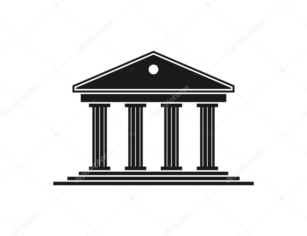 Government icon. Building of court. Black house with pillar in roman style. Architecture for greek museum, bank, university and courthouse. Silhouette on white background. Federal structure. Vector.