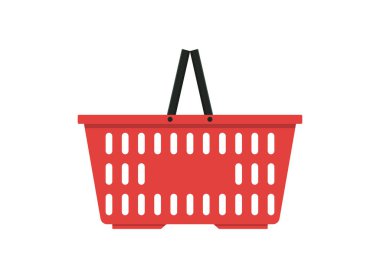 Süpermarket için kırmızı sepet. Beyaz arka planda elle izole edilmiş plastik dükkan sepeti. Piyasa simgesi, alışveriş ve alım. Satılık araba, market ve eşyalar. Yiyecek için boş torba. Düz logo. Vektör.