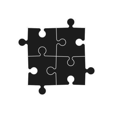 Bulmaca simgesi. Dört parçalı bir yapboz. Mantık ve iş çözümünün logosu. Oyun için bulmacanın 4 parçası. Siyah şekil beyaz arka planda izole edilmiş. Takım çalışması, kombinasyon ve stratejinin sembolü. Vektör.