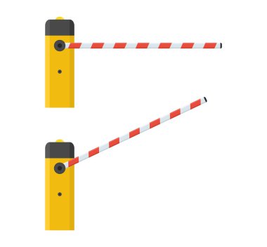 Bariyer kapısı. Otomatik bariyer kapısını açmak ve kapatmak. Güvenlik için parlayan lambayla barikat kurun. Park, garaj, gümrük, inşaat ve kontrol noktalarına giriş için sınır. Vektör.