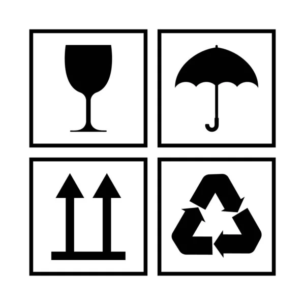 Icône Pour Emballage Symbole Soin Fragile Verre Parapluie Recyclage Autocollant — Image vectorielle