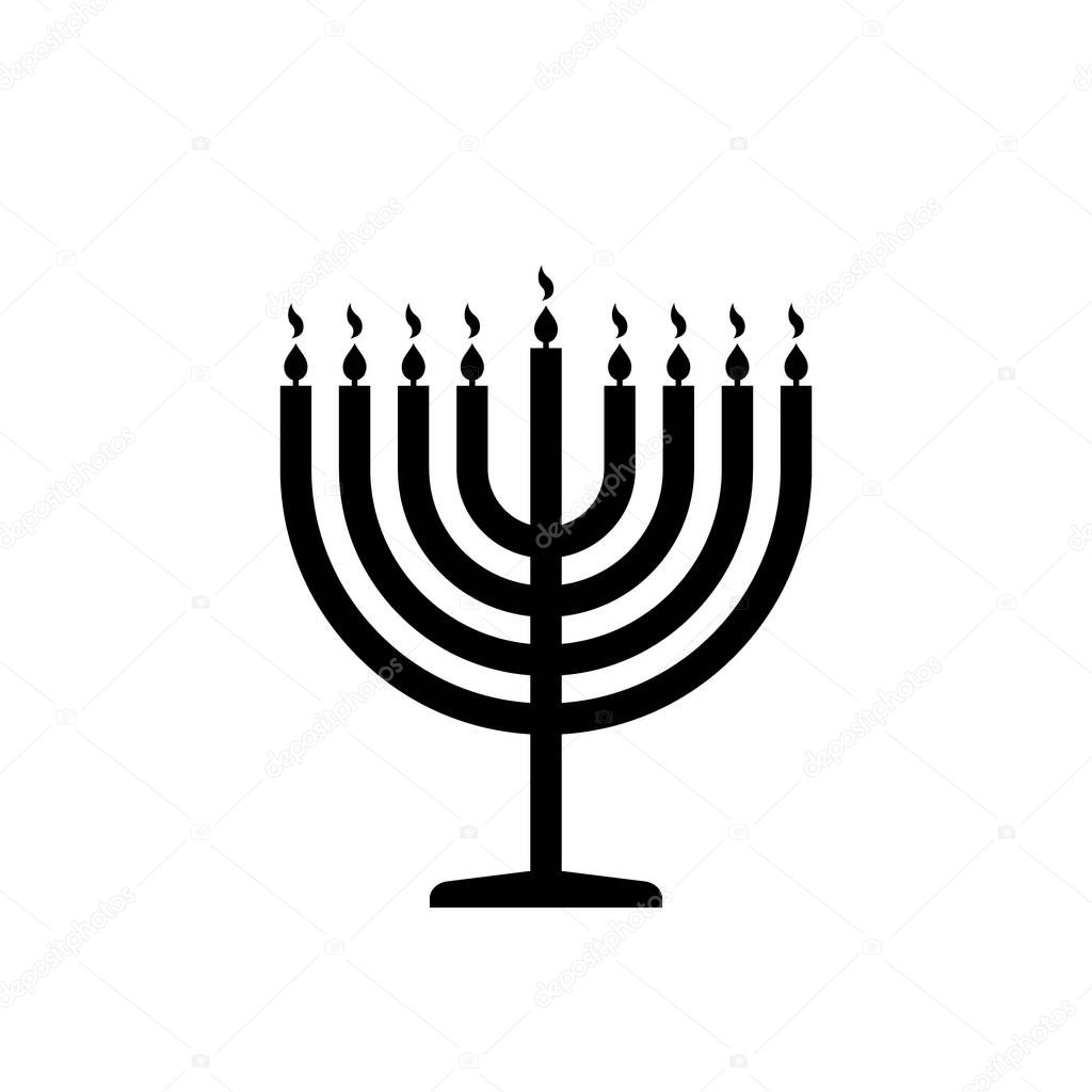 Hanukkah. Icon of menorah for happy chanukah. Black icon of hanuka isolated on white background. Menora is symbol of hanuka. Banner for jewish hanukah. Judaism party. Greeting to israel. Vector.