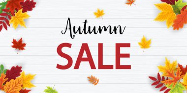 Sonbahar indirimi geçmişi. Düşen yapraklarla çerçevelenmiş. Reklam pankartı ve teklifle birlikte. Sonbahar indirimi için kart. Şükran Günü broşürü. Özel reklam teklifi ve poster. Vektör.