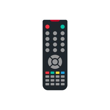 Televizyonun uzaktan kumandası. Televizyon için düz simge. Aygıtın elle kontrolü için düğmeli uzaktan kumanda. Medya, navigasyon, DVD ve film için illüstrasyon. Akıllı arayüz. Vektör.