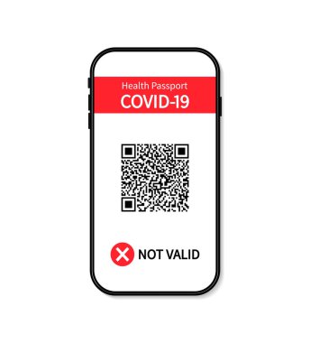 Aşı sertifikası akıllı telefonda geçerli değil. Telefonun ekranında kırmızı geçiş kartı olan inandırıcı pasaport. Bağışıklık sistemini kontrol etmek için uygulama. Sağlık pasaportunda korona virüsü testi. Seyahat ve güvenliğin QR kodu. Vektör.