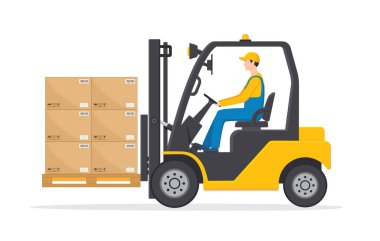 Şoförlü forklift. Şoförlü bir forklift kamyonu. Depoda çatal ve palet var. Çizgi film çizimi. Depoda kutu, kargo ve paketle çalışan bir işçi simgesi. Vektör.