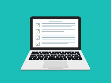 Bilgisayarda online araştırma. Bilgisayarda sınav listesiyle test edin. Sınav için liste oluşturun. Hesap ve dolgu için başvuru. Çizgi film ikonu. Ekranda anket var. Web sitesindeki dijital belge. Vektör.