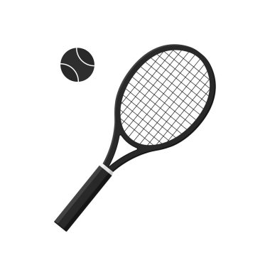 Topla tenis raketi. Mahkeme için ikon raket. Beyaz arka planda izole edilmiş tenis roketi ve top logosu. Maç, maç ve yarışma için spor malzemeleri. Badminton Kulübü için siluet. Vektör.