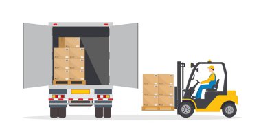 Forklift 'teki adam kamyona yükleme yapıyor. Depodaki kamyonet mallara el koyuyor. Lojistik çizim. Kamyon ikonu, çatal kaldırma, teslimat servisi için sürücü ve kargo. Düz simge. Vektör.