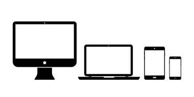 Tablet, bilgisayar, laptop ve telefon simgesi. Ekran, internet ve uygulamalı dijital cihaz. Masaüstünde akıllı telefon, bilgisayar ve tablet resimleri var. Veri için siyah elektronik cihazlar. Vektör.