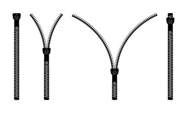 Zip simgesi. Çanta, ceket ve giysi için fermuar. Elbise bağlayıcısının açılıp kapanması. Fermuarı açmak için dişleriyle kilidi çek. Cebe fastener. Tekstil ve deri için moda aksesuarları. Vektör.