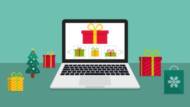 Dizüstü bilgisayarla Noel alışverişi. Eshop 'ta online Xmas hediyesi. Bilgisayarda noel indirimi olan bir mağaza. Ofisten ya da karantinadaki evden tatil için internetten hediye al. Vektör.