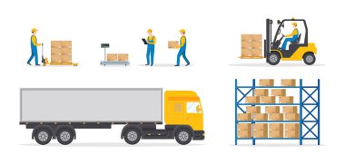 Toptan satış deposu. Lojistik, dağıtım emri. Yükleyici, kargo kamyonu, şoförlü forklift, arabalı işçi, raflarda kutular. Lojistik için düz çizim, dağıtım merkezi. Vektör