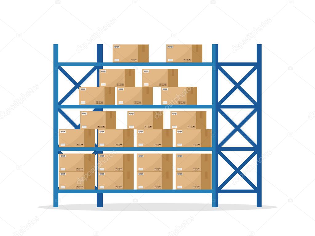 Warehouse inventory with rack and boxes. Shelf for storage of cargo. Stock of wholesale goods in warehouse of logistic. Icon of store, distribution. Merchandise on shelves of factory. Vector.