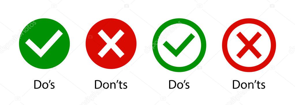 Dos and dont. Do and don. Icon of wrong and right. Tick or cross. Mark of check and correct. Ok, yes-green. X, false-red. Sign of good or bad. List of icon for approved, reject. Logo of quiz. Vector.
