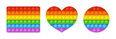 Popit hareketli oyuncak. Stres atmak için patlatma oyunu. Stres ya da anksiyete için baloncuğa bas. Kıpır kıpır oyuncakların gökkuşağı desenleri. Renkli kalp çukuru, daire ve kare şeklinde. Vektör.