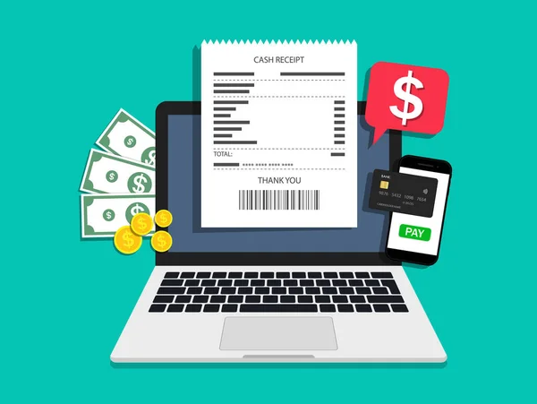 Online Πληρωμή Στον Υπολογιστή Τιμολόγιο Χρήματα Πιστωτική Κάρτα Και Smartphone — Διανυσματικό Αρχείο