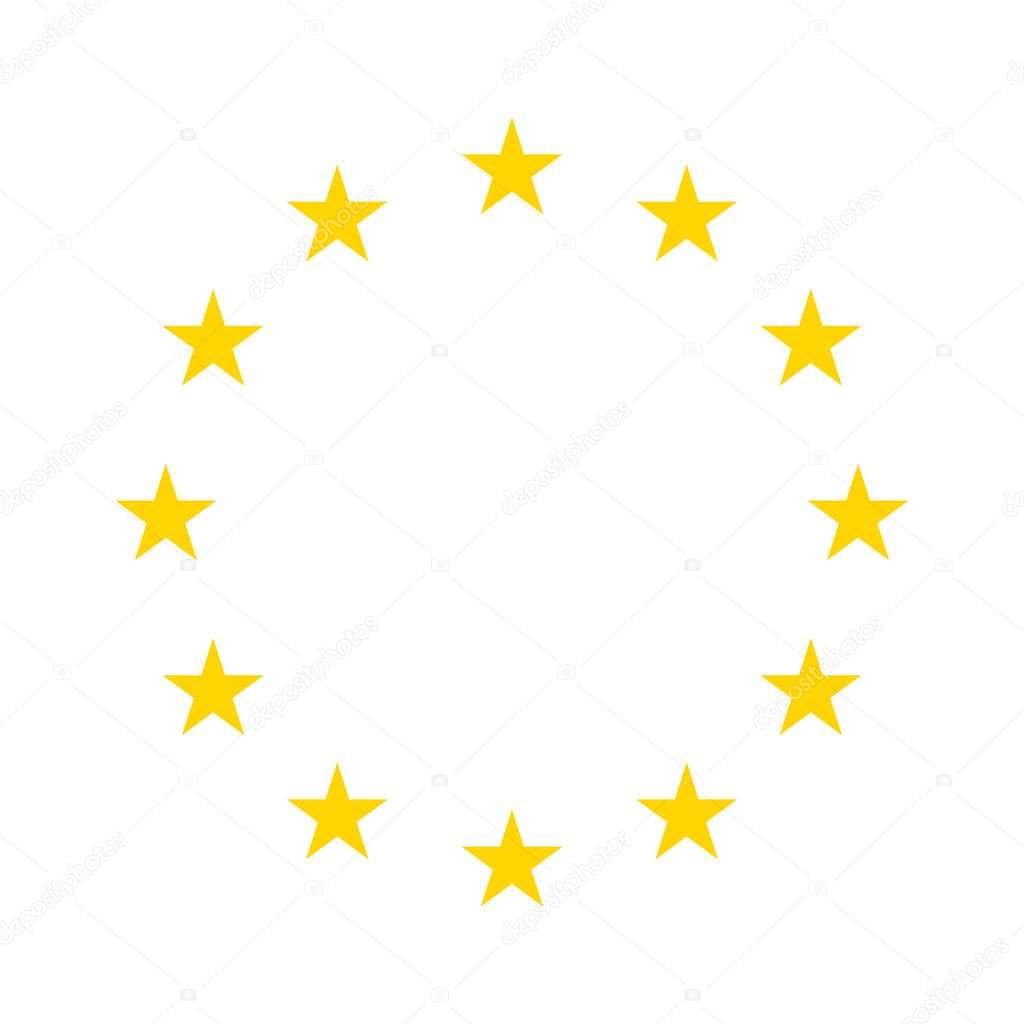 Star icons in circle. Yellow european logos on white background. EU flag. 12 yellow stars for europe union. Badges of euro military, community, economic and council. Eurozone market. Vector.