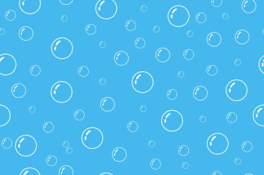 Kabarcık desenli. Su ve sabun köpüğü pürüzsüz desen. Beyaz mavi doku. Temizlik, şampuan ve banyo için resim. Mavi arkaplanda soyut tekrarlanan baloncuklar. Vektör.