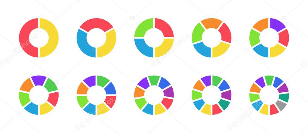 Pie chart. Graphic icon of wheel for cycle process. Piece of pie chart for progress, statistics and analysis. Circle graph with section from 1 to 11. 6, 5, 3 infographic part in round diagram. Vector.