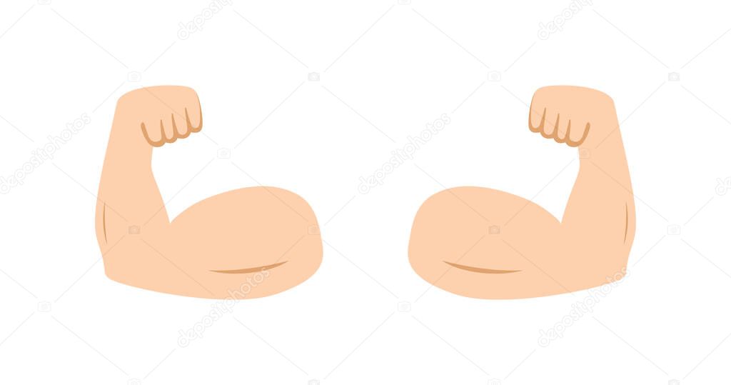Arm muscle. Double hand with emoticon of strength. Emoji of strong bicep. Icon of power of protein for man. Flex muscle arm. Exercise in gym for health. Logo of fitness, workout, bodybuilder. Vector.