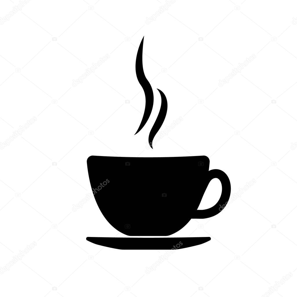 Coffee cup. Icon of mug of hot coffee or tea with steam. Black pictogram for cafe. Symbol of espresso, caffeine, latte and mocha. Logo for restaurant and shop. Aroma drink. Vector.