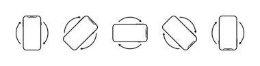 Telefonu çevir. Cep telefonlarının dönüşümlü simgeleri. Akıllı telefonu çevir. 360 'da cihazın piktogramı. Uygulama için cep telefonu ekranı. Dikey ya da yatay rotasyon ve yönlendirme. Vektör.