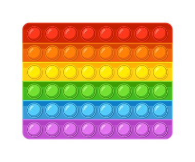 Popit hareketli oyuncak. Stres atmak için patlatma oyunu. Stres ya da anksiyete için baloncuğa bas. Kıpır kıpır oyuncakların gökkuşağı desenleri. Renkli poppit dikdörtgeni. Vektör.