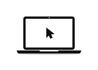 Fare oklu dizüstü bilgisayar simgesi. İmleci ekranda olan Piktogram PC. İnternet sitesine tıklamak için düz stil bilgisayar. Çevrimiçi iş veya şirket için dizüstü bilgisayarın logosu. Vektör.