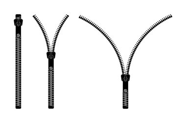 Zip simgesi. Elbise bağlayıcısının açılıp kapanması. Çanta, ceket ve giysi için fermuar. Fermuarı açmak için dişleriyle kilidi çek. Cebe fastener. Tekstil ve deri için moda aksesuarları. Vektör.