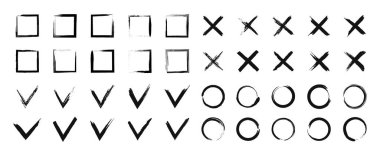 Fırça darbesi. Siyah haç, işaret, daire ve dikdörtgen. Grunge oylama ve araştırma için vektör çerçeveleri. Boya sınırının tasarımı. Beyaz arkaplanda el çizimi simgesi.