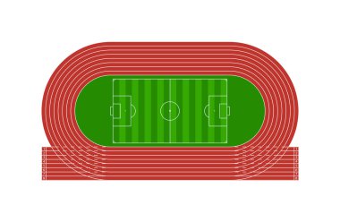 Futbol stadyumuyla koşu yap. Futbol sahası ve pistli koşucu sahası. Spor ya da atletizm alanının en iyi manzarası. Çizgili yarış pisti, 8 yol, başla ve bitir. Vektör illüstrasyon olimpiyat oyunu