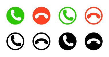 Telefondan ikonu ara. Cevap vermek ya da reddetmek için düğme. Cep telefonu araması için yeşil, kırmızı ve siyah simgeler. Gelen ve giden sembolü. Vektör.