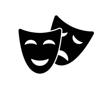Tiyatro maskesi. Tiyatro ve komedi maskesi. Maskeli balodaki aktör ikonu. Kültür piktogramı. Eğlence, sanat ve trajedi logosu. Vektör siyah siluet.