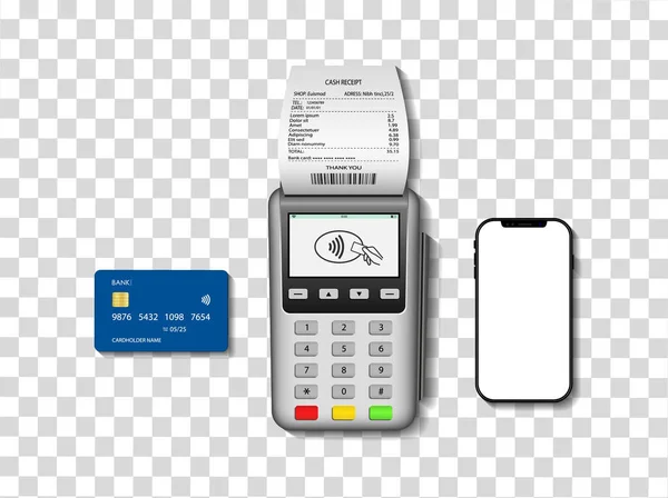 Cartão Crédito Com Terminal Móvel Pos Para Pagamento Isolado Fundo — Vetor de Stock