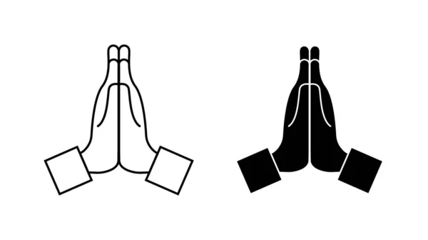 Dua ikonu. Namaste 'la el ele. Umut için Emoji, üzgünüm, lütfen. Duanın eli. Dua ederken duyulan şükran duygusu. İnanç, kilise ve dürüstlük için el ele tutuşmuşlar. Yalvarma hissi. Çizgi film sembolü. Vektör.