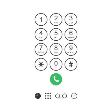 Akıllı telefon tuş takımı. Telefon ekranında arama için aranan numaralar. Cep telefonu ve klavye cep telefonu. Ekranda akıllı arayüz tasarımı. Telefondan izole edilmiş bir ikon. Vektör.