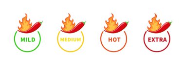 Biber biberi seviyesinde. Baharatlı biber seviyesi. Hafif, orta, sıcak ve ekstra. Yemek ya da sosta sıcak baharat. Alevlerin metre ölçeği. Chili ikonu. Soğuk etiketi ve logosu. Vektör.