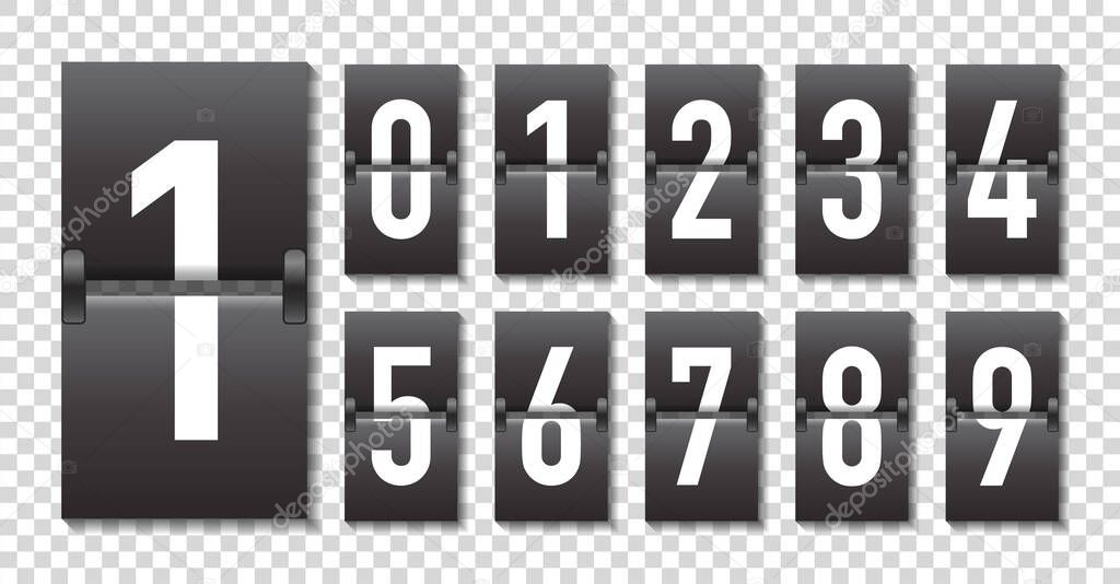 Countdown with turn over numbers. Counter of timer. Clock scoreboard and panel of date. Mechanical analogue numbers for airport, departure, dashboard. Movement font. Vector.
