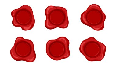 Balmumu damgası. Kırmızı balmumu mühür. Eski mektup ya da sertifika. Kraliyet marka tasarımı. Kalite ve güvenlik garantisi simgeleri. Boş posta kartı ve maket. Yuvarlak çıkartma. Vektör.